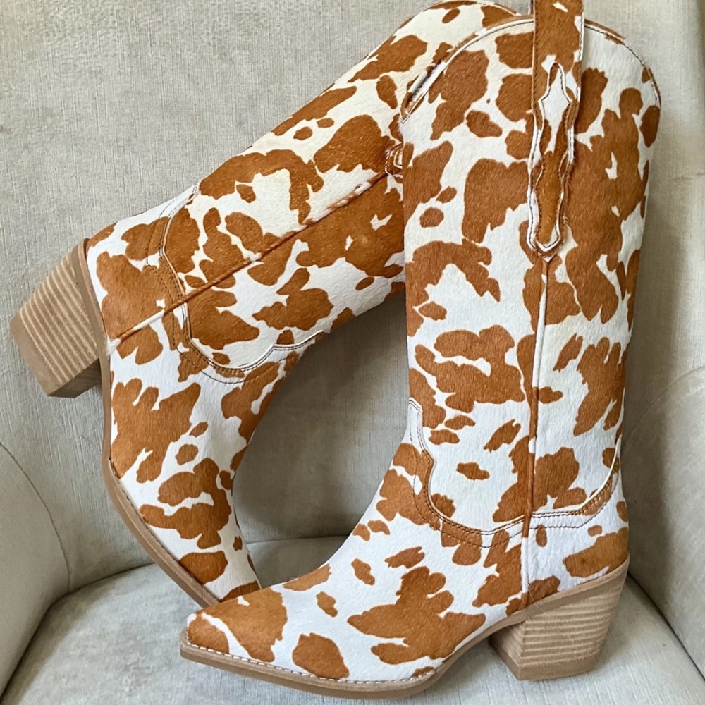 Anthropologie Jeffrey Campbell Dagget Western Boot Tan Cow Print Calf Hair - Picture 3 of 5
